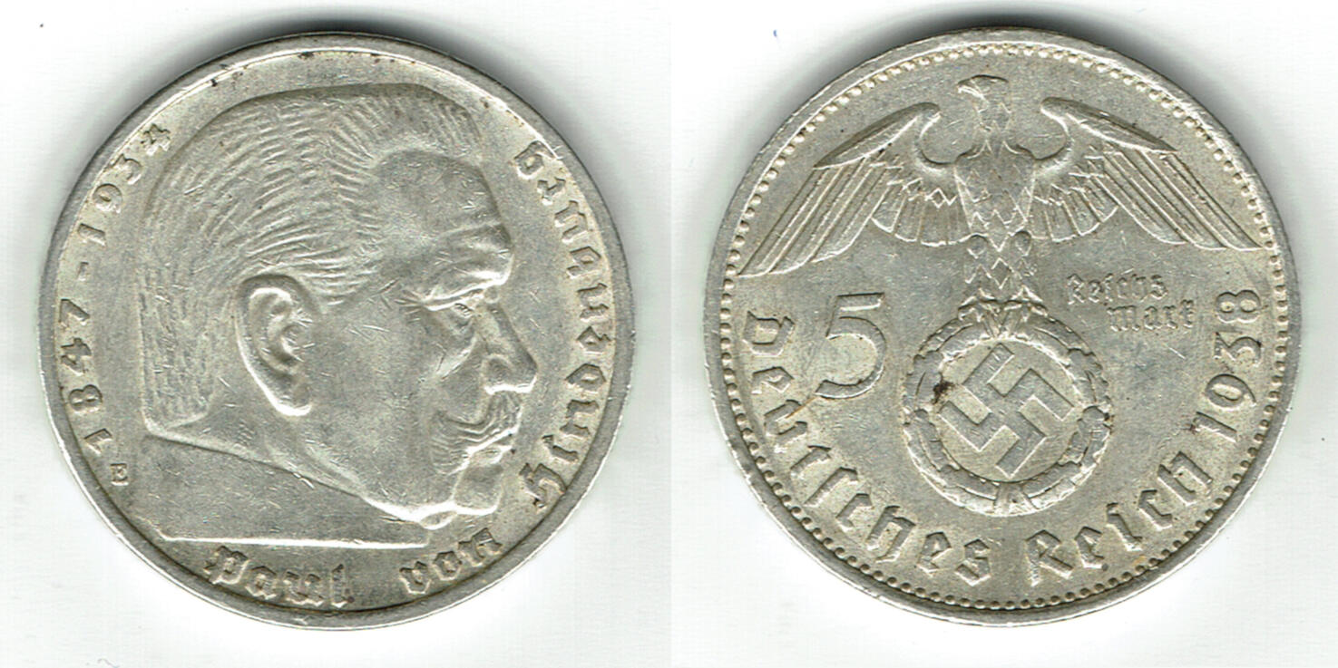 Drittes Reich 5 Reichsmark 1938 E Hindenburg Mit HK 13 89 G 900er