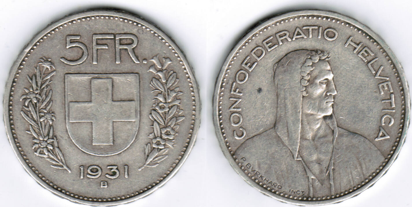 Schweiz Switzerland Silver Coin 5 Franken 1931 B Like Scan VF MA Shops