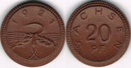 Notmünzen Freistaat Sachsen 20 Pfennig Freistaat Sachsen, 20 Pfennig (Böttger-Steinzeug), Erhaltung siehe Scan!
