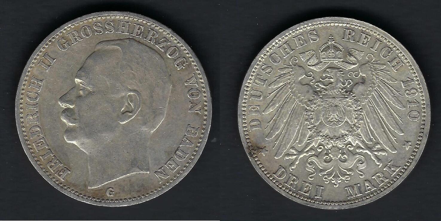 Baden 3 Mark 1910 G Friedrich II VF MA Shops