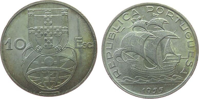 Portugal 10 Escudos 1955 Ag Segelschiff Vz MA Shops