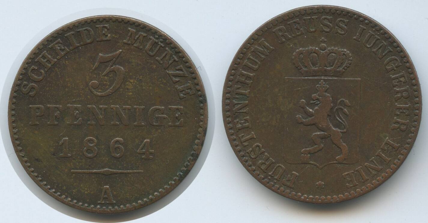 Reuss Schleiz Jüngere Linie 3 Pfennig 1864 A G14068 Heinrich LXVII