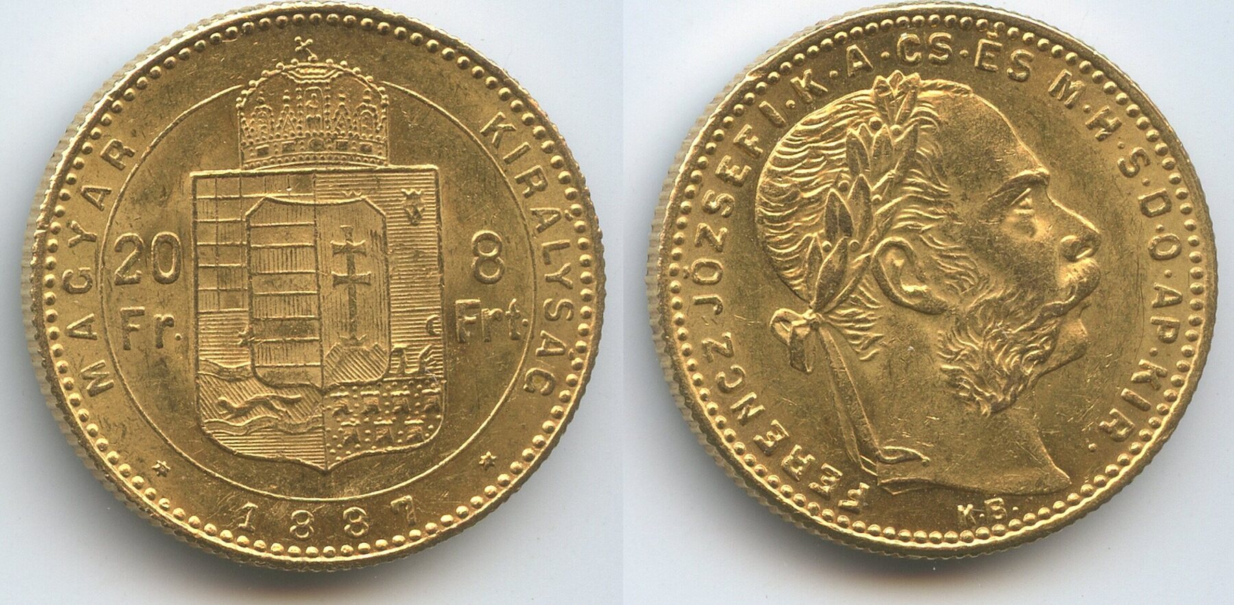 Ungarn Kaiserreich 8 Forint 20 Francs Gold 1887 KB Kremnitz Kremnica