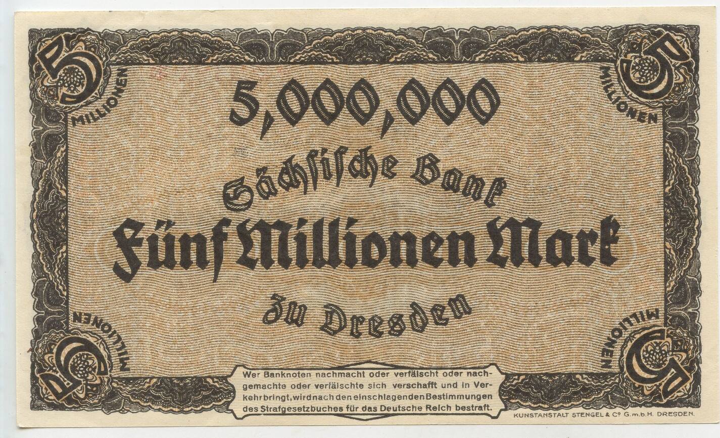 Deutsches Reich Weimar Sachsen 5 Million Mark 5 000 000 Banknote 12