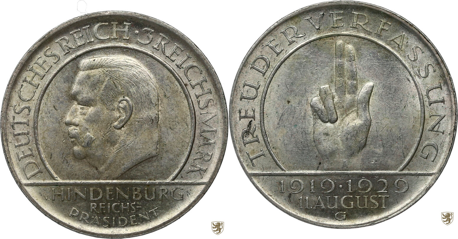 Weimarer Republik 3 Reichsmark 1929 G Schwurhand 10 Jahre Weimarer