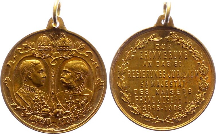 Haus Habsburg Vergoldete Bronzemedaille 1908 Franz Joseph I 1848 1916