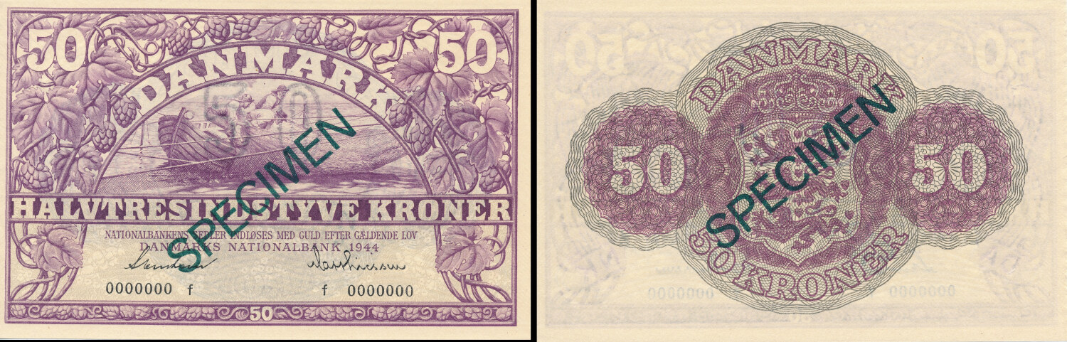 Denmark 1944 50 Kroner Nr 0000000 Sieg 123 Banknote UNC MA Shops