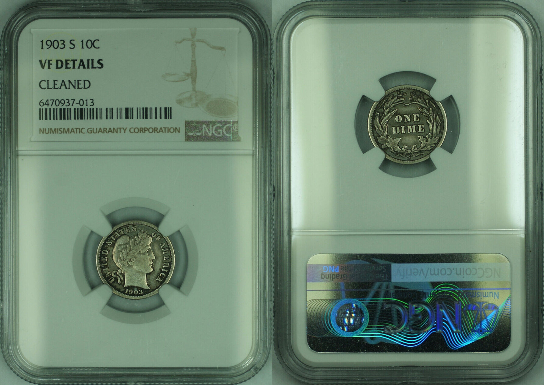 Dime 1903 S Barber Silver 10c Coin NGC VF Details Cleaned MA Shops