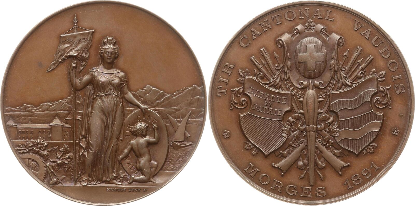 Schweiz Vaud Waadt Bronzemedaille 1891 V Hugues Bovy Genf Auf