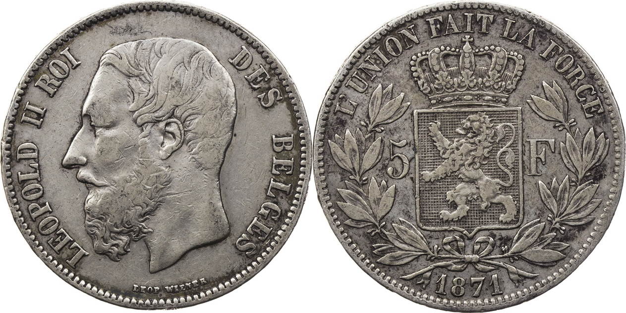 5 francs 1871 belgien leopold ii. (1865 - 1909) f-vf