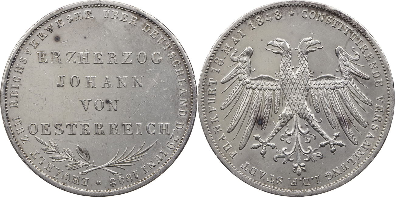 Frankfurt Doppelgulden 1848 Erzherzog Johann VF EF Kratzer Berieben