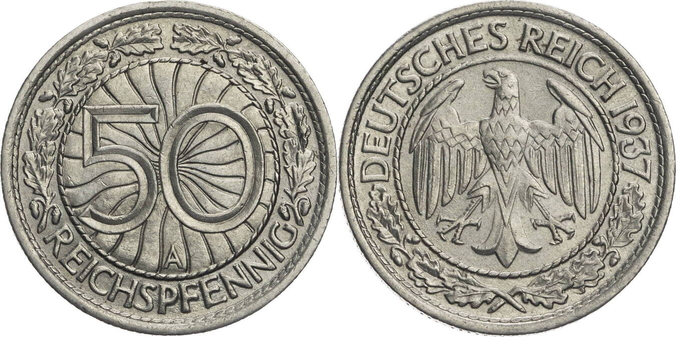 Weimarer Republik 50 Reichspfennige 1937 A Kursmünze 1927 1938 VF