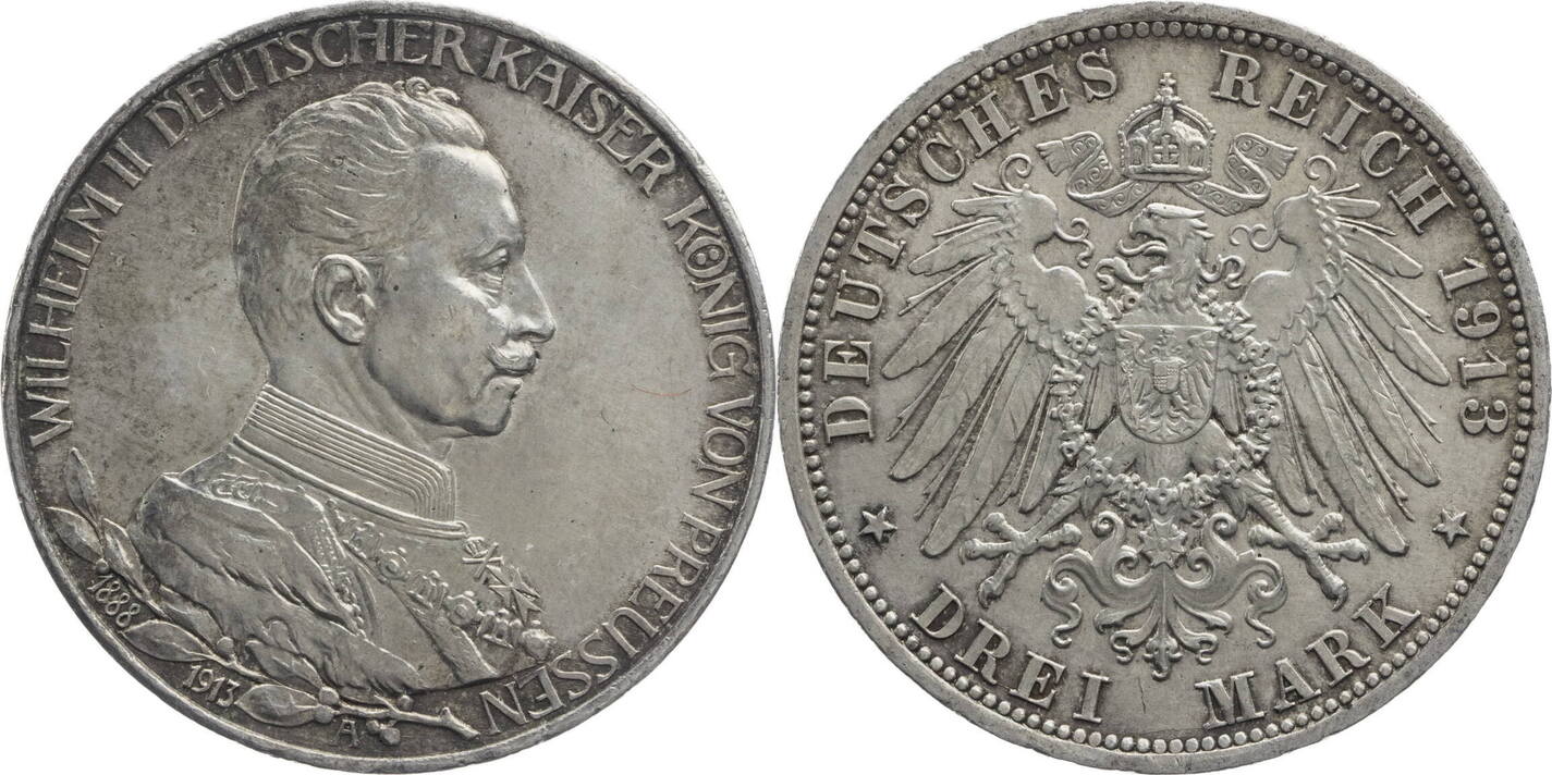 Kaiserreich Preussen 3 Mark 1913 A Wilhelm II 1888 1918 Zum 25