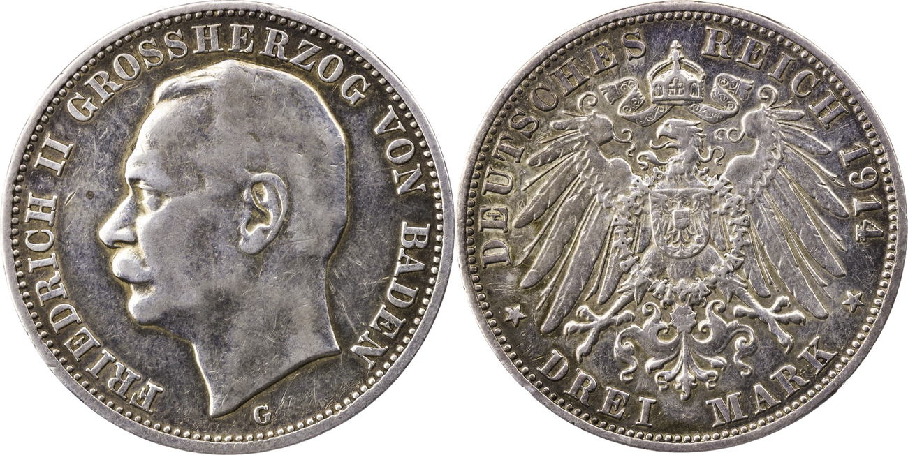 Kaiserreich Baden 3 Mark 1914 G Friedrich II VF MA Shops