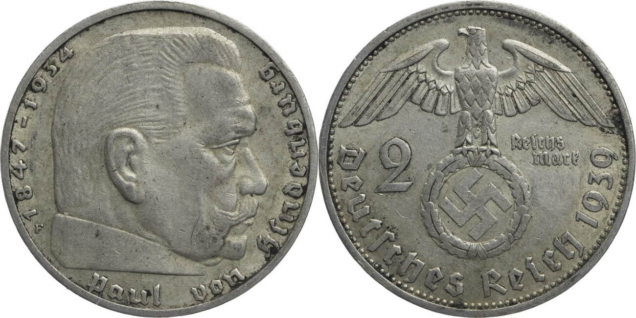 Drittes Reich 2 Reichsmark 1939 F Paul von Hindenburg Kursmünze 1936