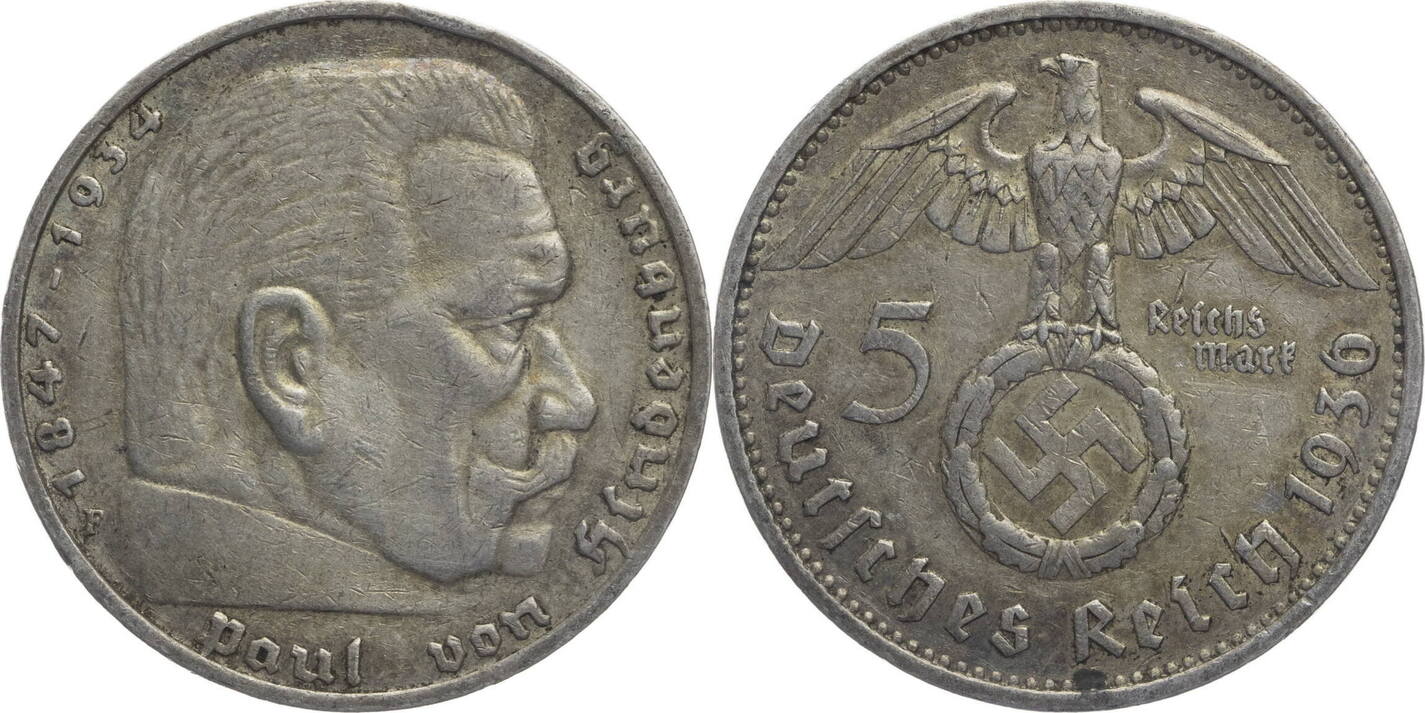 Drittes Reich 5 Reichsmark 1936 F Hindenburg Kursmünze 1936 1939 VF