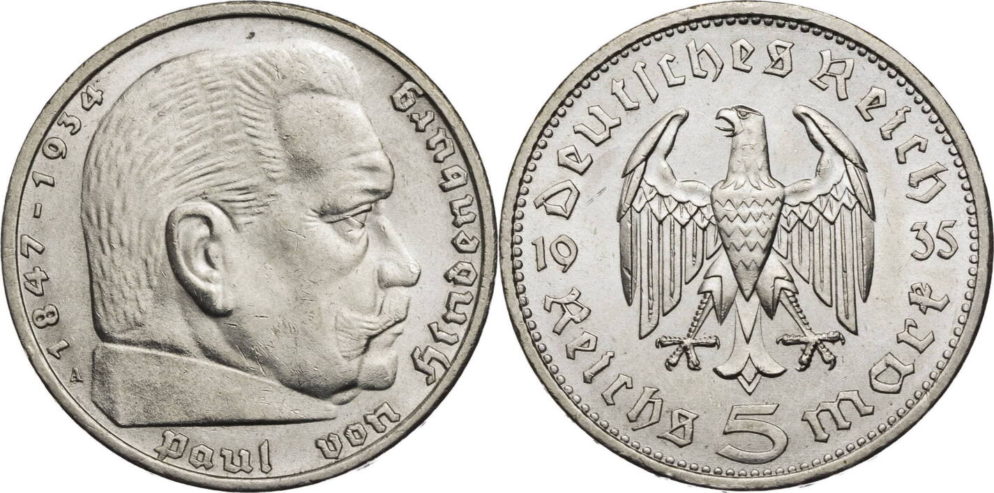 Drittes Reich 5 Reichsmark 1936 A Hindenburg Kursmünze 1935 1936 EF