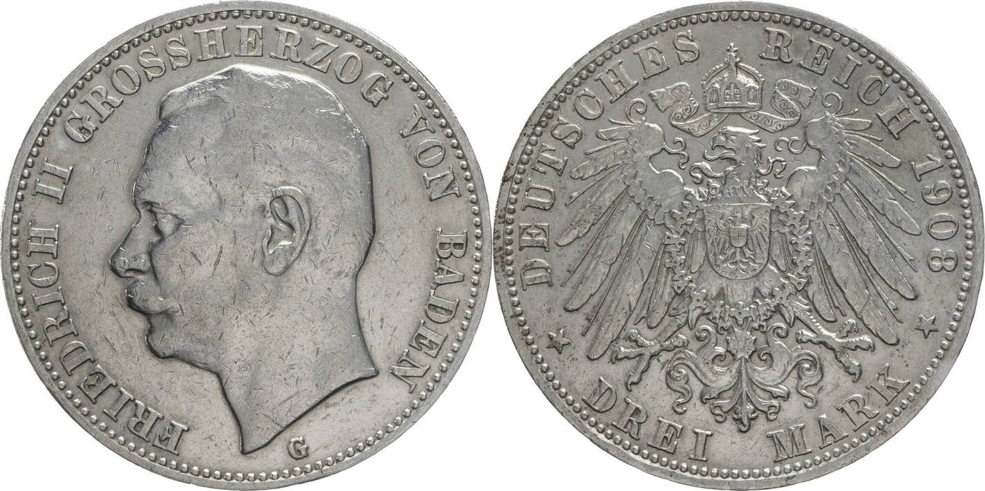 Kaiserreich Baden 3 Mark 1908 G Friedrich II 1907 1918 Kursmünze