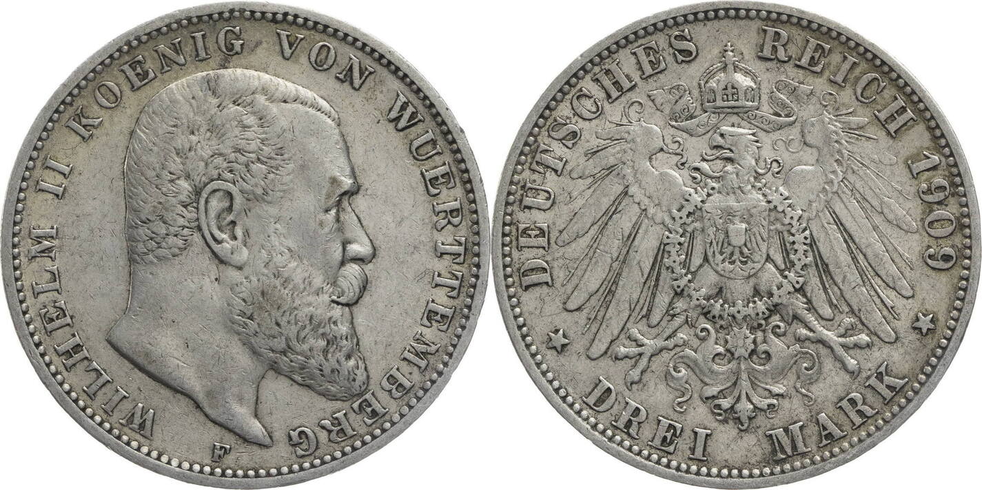 Kaiserreich Württemberg 3 Mark 1909 F Wilhelm II 1891 bis 1918