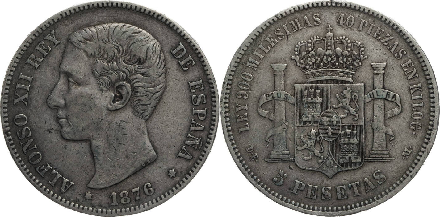 Spanien 5 Pesetas 1876 DE Alfonso XII 1877 1885 Kursmünze 1875