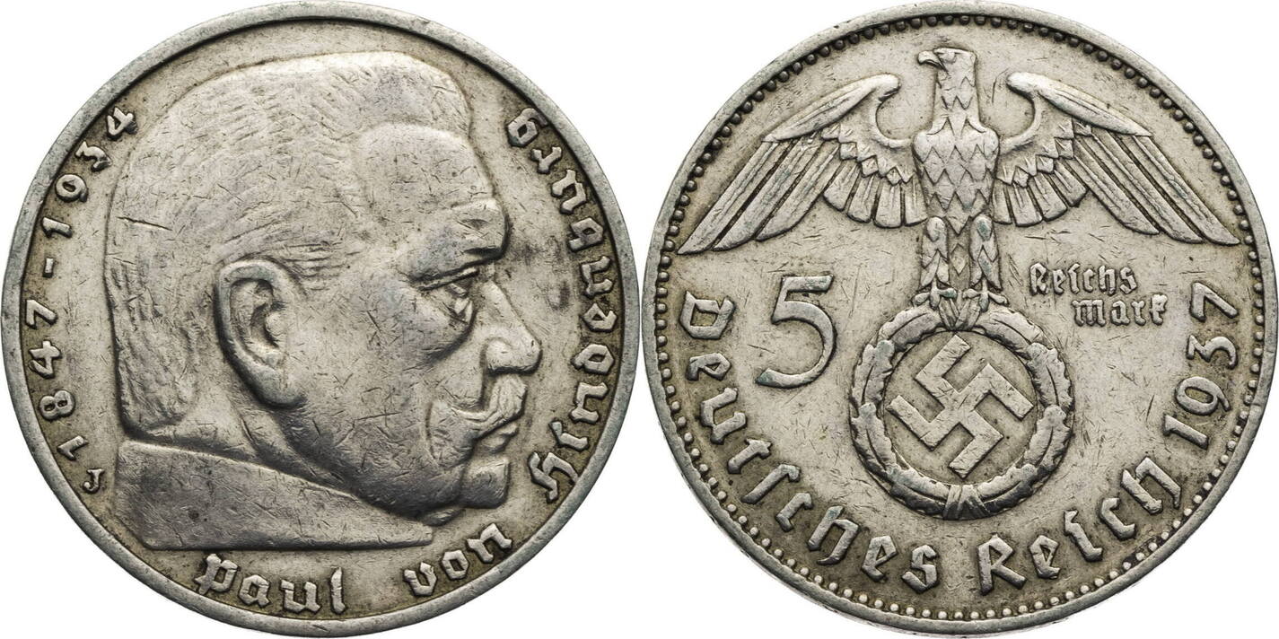 Drittes Reich 5 Reichsmark 1937 J Hindenburg Kursmünze 1936 1939 VF