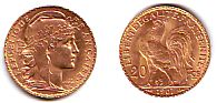 Frankreich Goldmünze - Marianne-Hahn 20 Franc 1898-1914 prägefrisch 