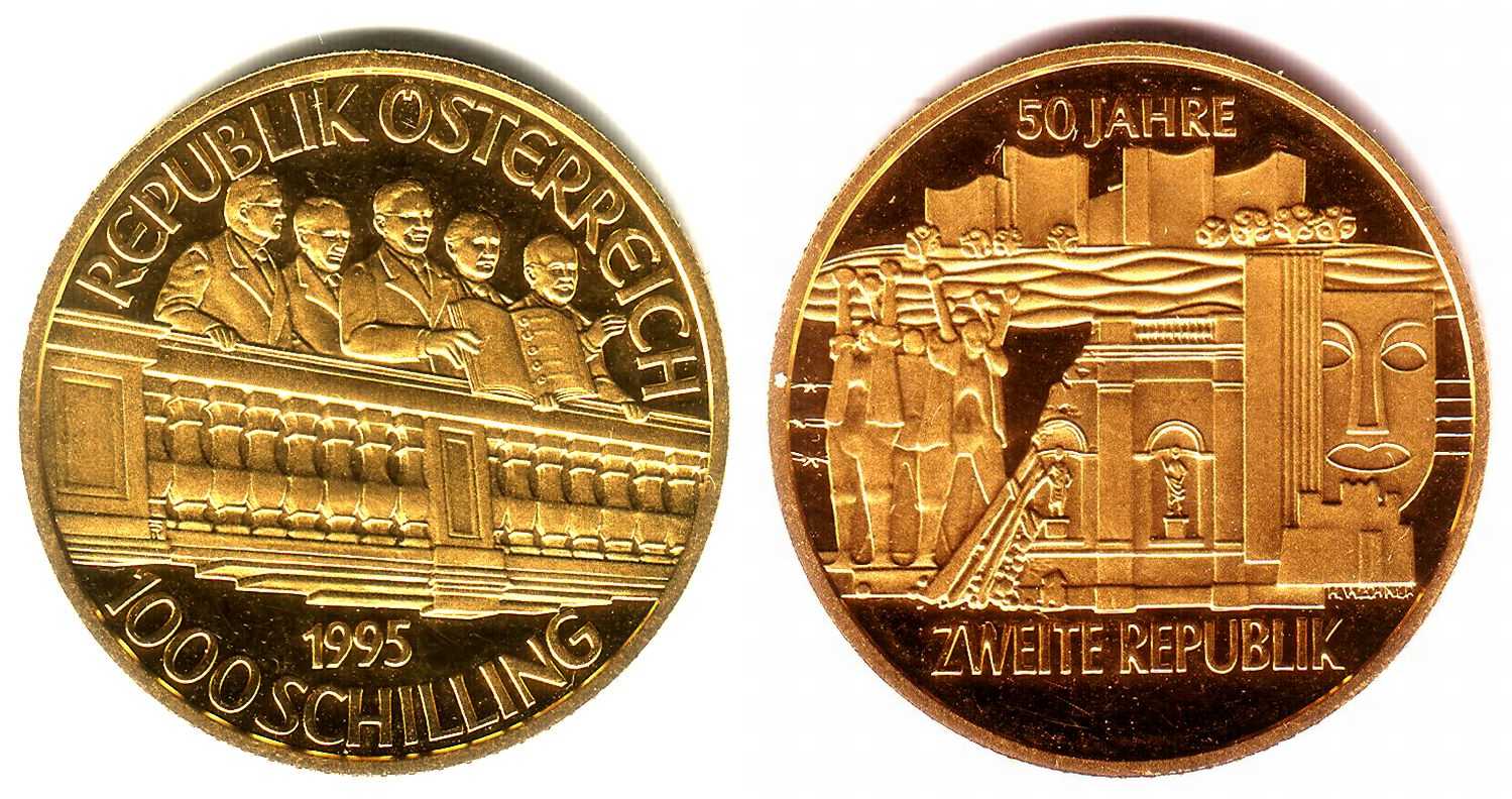 Österreich 1000 Schilling 1995 50 Jahre Zweite Republik Proof in Kapsel