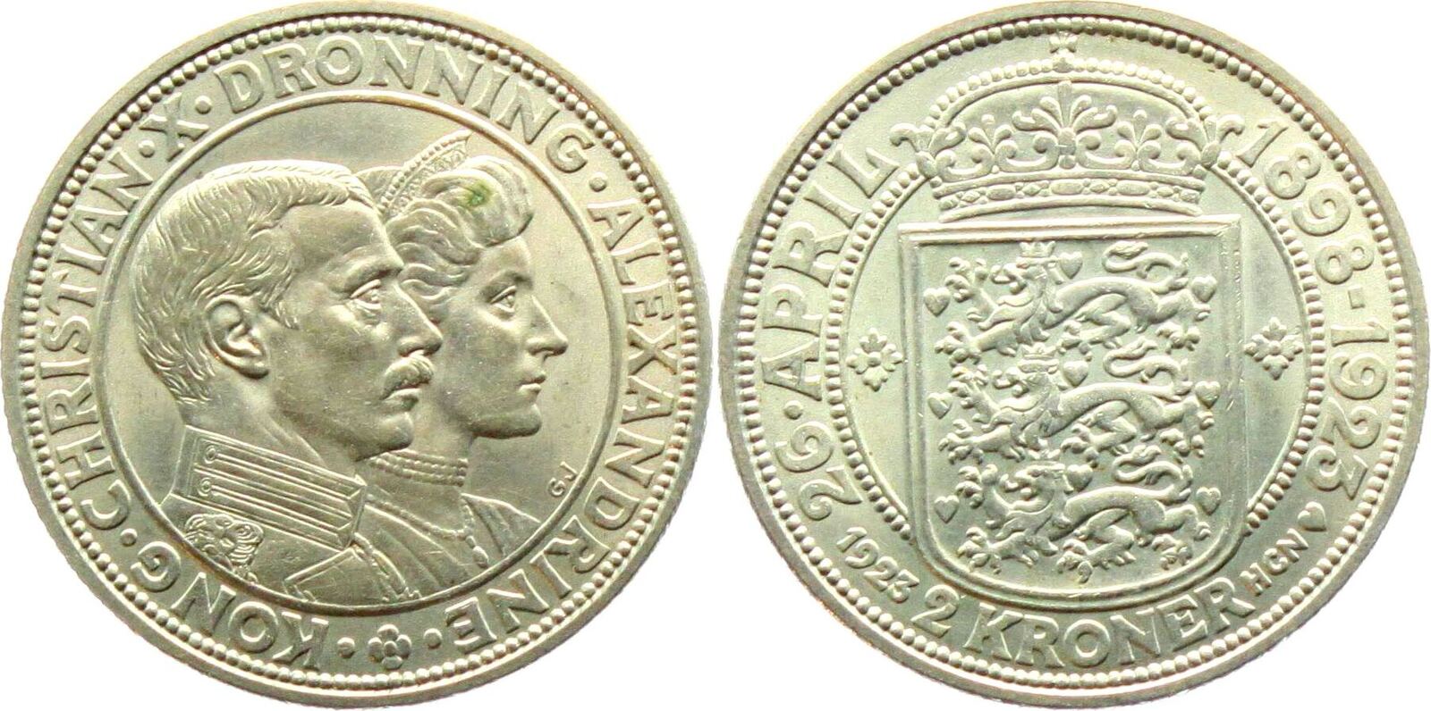 Dänemark 2 Kronen 1923 HCN Christian X 1912 1944 Silberhochzeit