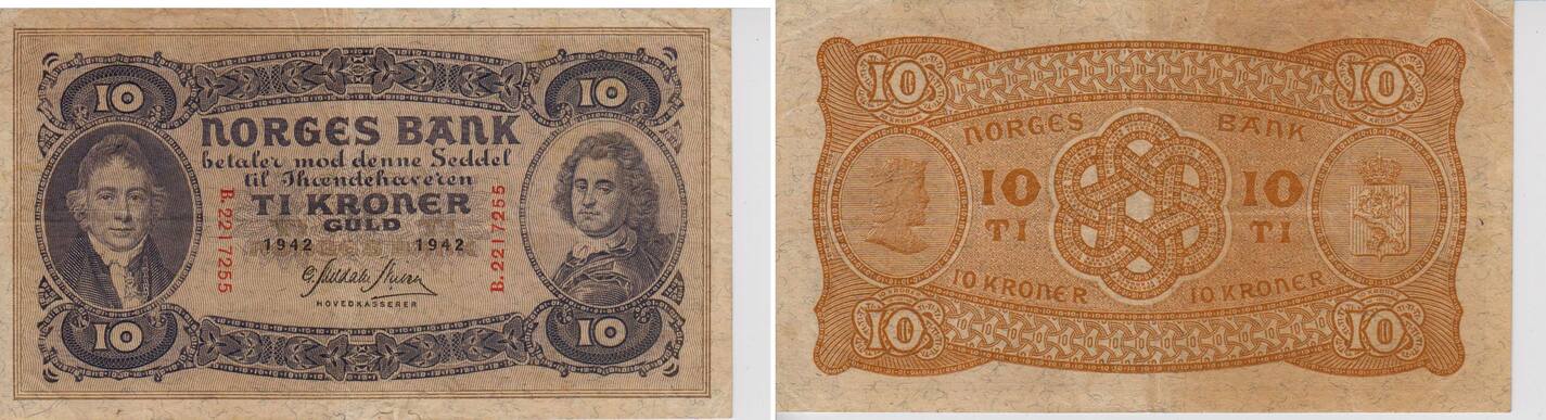 Banknote Norwegen 10 Kroner Kronen 1942 Norges Bank VF MA Shops