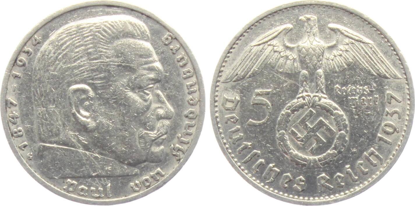 Drittes Reich 1937 G 5 Mark Hindenburg Mit Hakenkreuz Ss Vz MA Shops