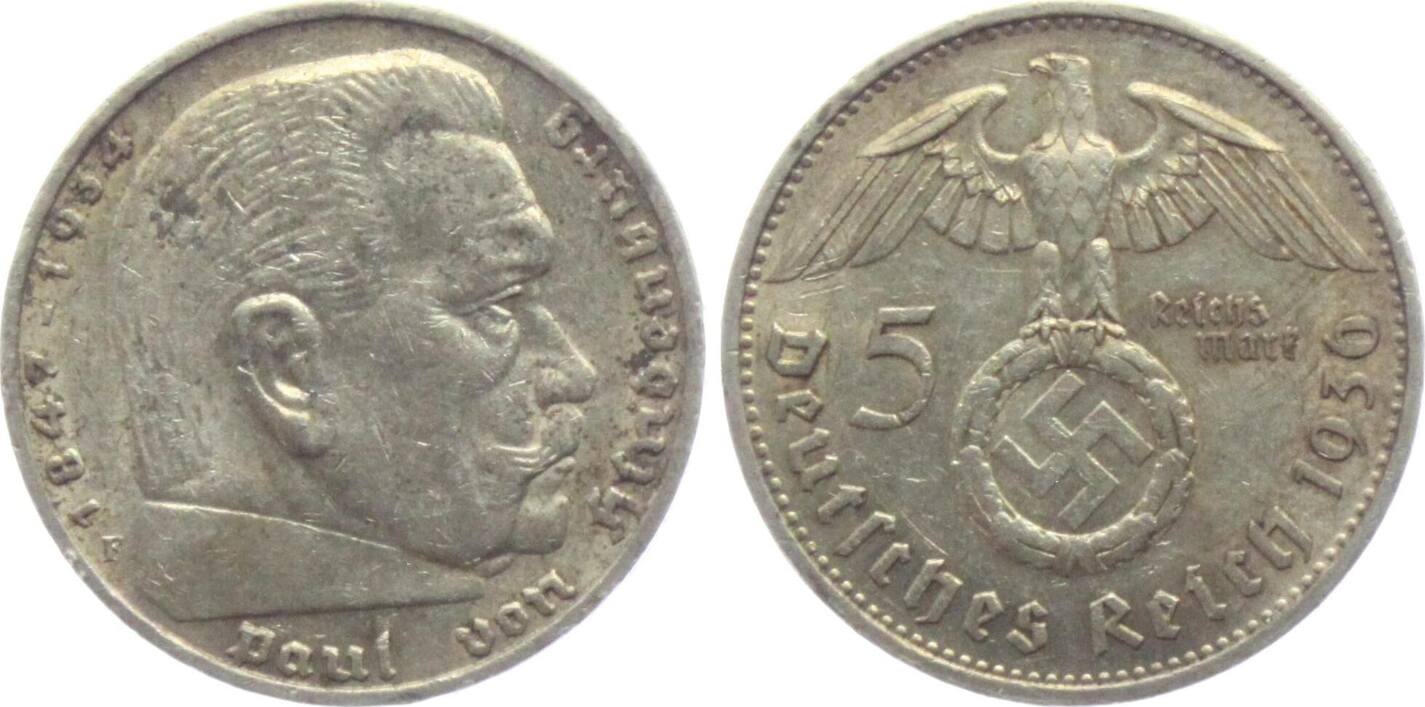 Drittes Reich 1936 F 5 Mark Hindenburg Mit Hakenkreuz EF Rf MA Shops