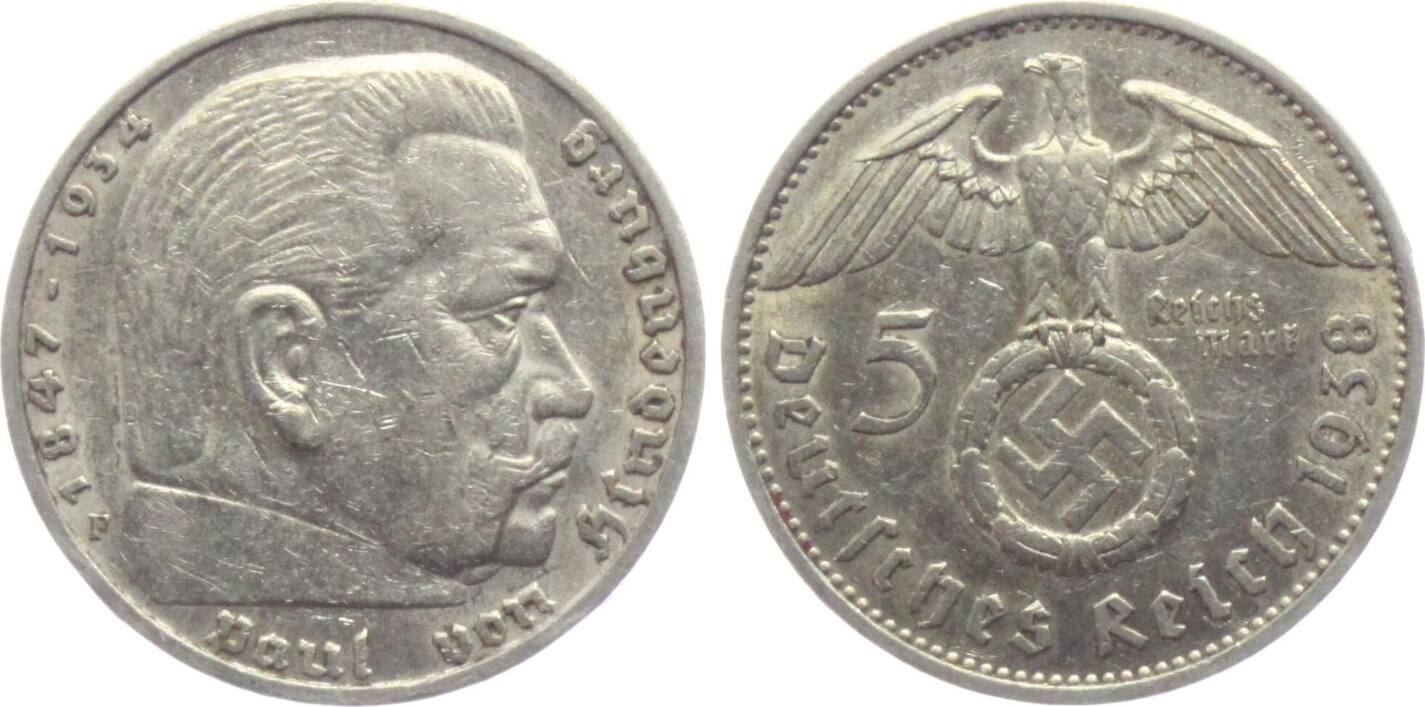 Drittes Reich 1938 F 5 Mark Hindenburg Mit Hakenkreuz VF EF MA Shops