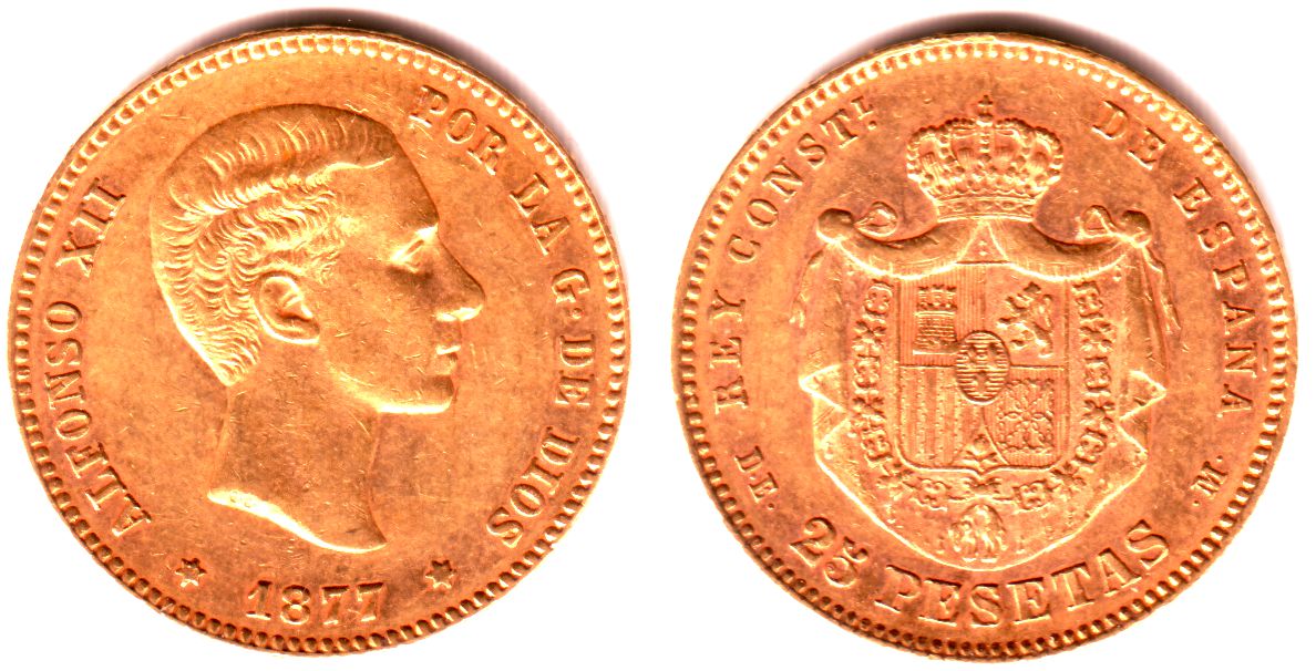 Spanien Goldmünze - König Alfonso XII. 25 Pesetas 1877 vz 