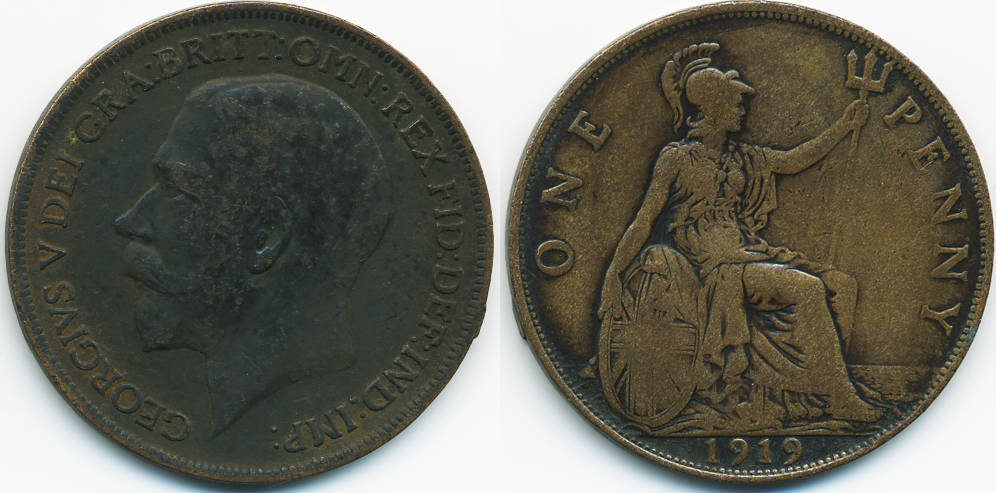 Großbritannien Great Britain 1 Penny 1919 George V 1910 1936 VF