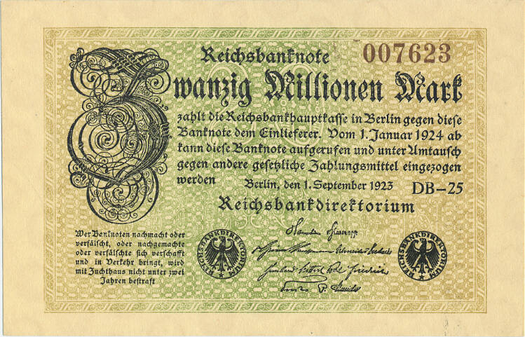 Deutsches Reich Inflation 1919 1924 20 Millionen Mark 1923 Rosenberg Nr