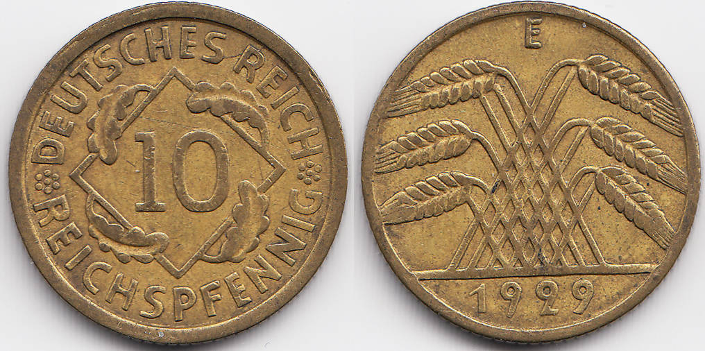 Weimarer Republik 10 Reichspfennig 1929 E Kupfer Aluminium VF MA Shops