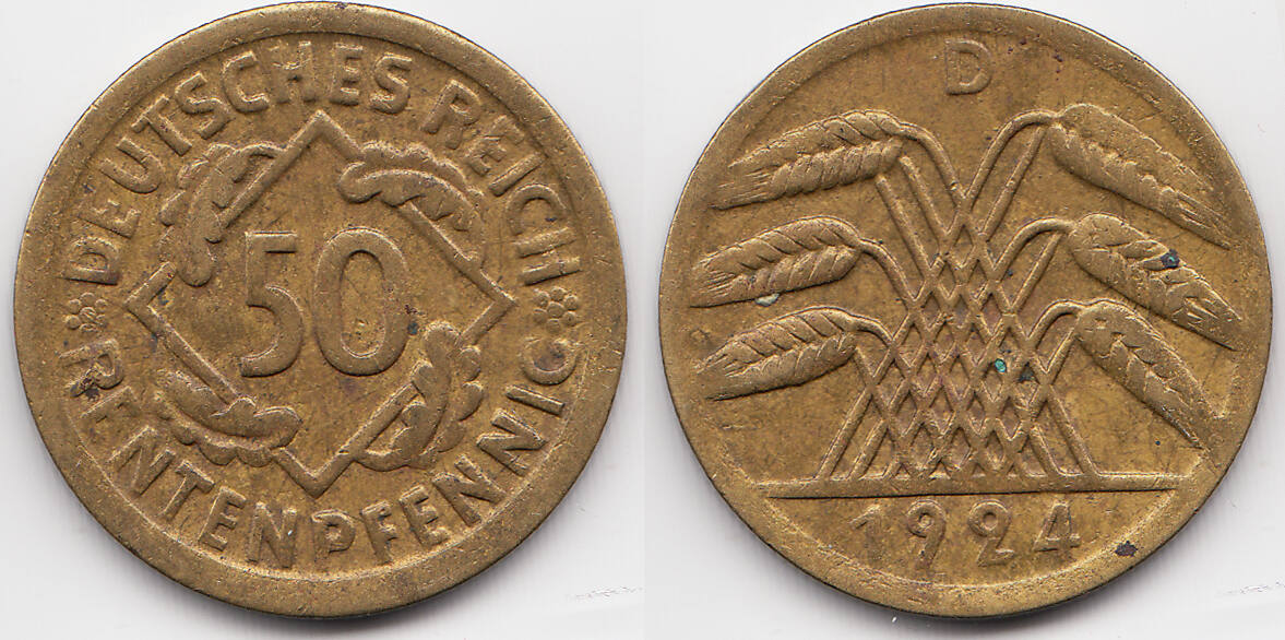 Weimarer Republik 50 Rentenpfennig 1924 D Kupfer Aluminium sehr schön