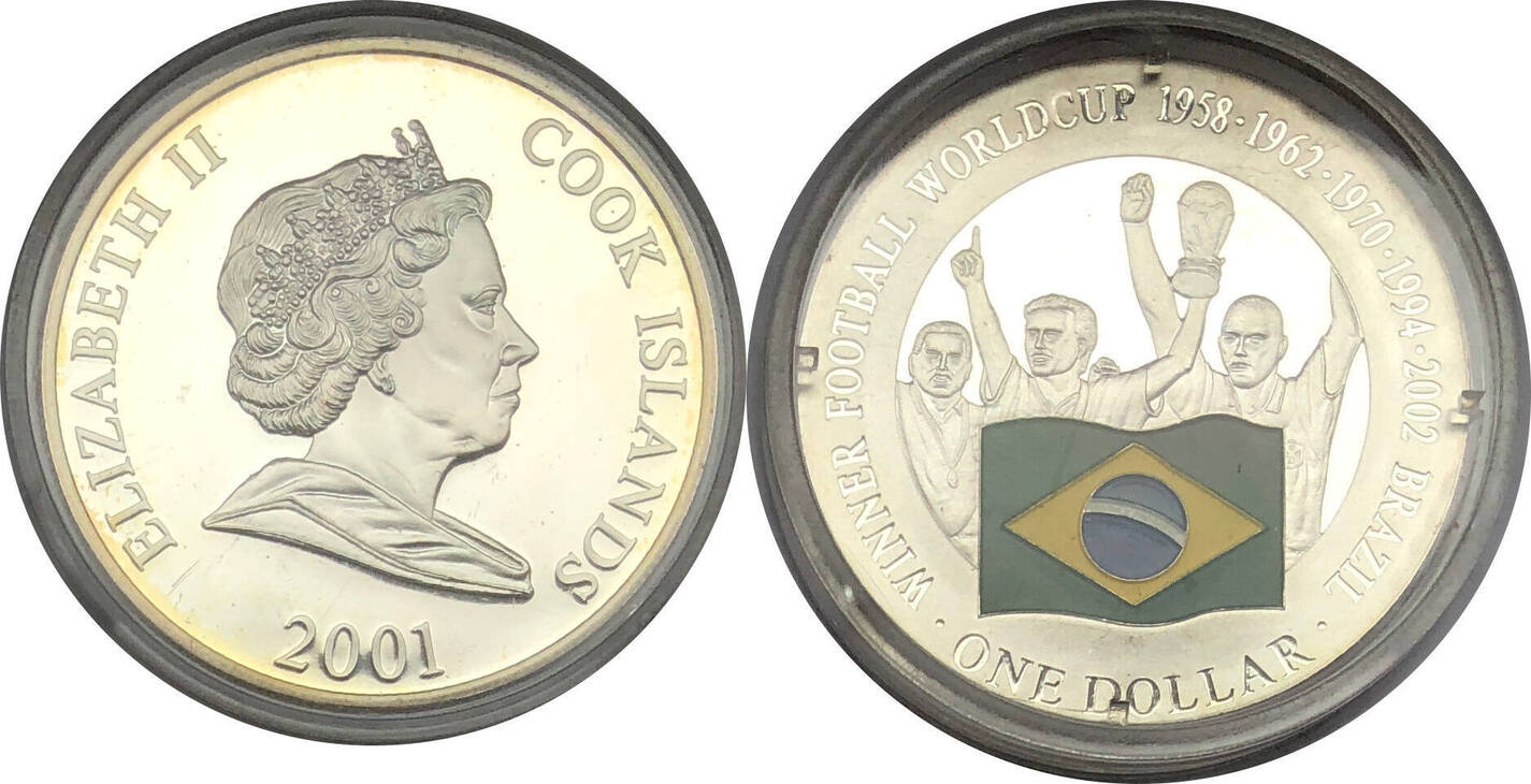 Coock Islands 1 Dollar 2001 Fußball WM Brasilien Farbmünze Proof mit