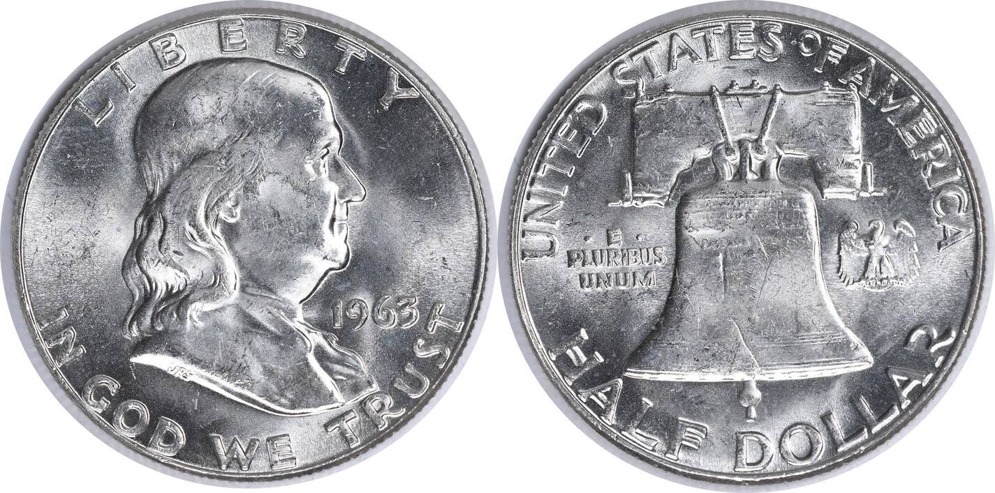 US 1963 No Mint Mark 1963 Franklin Silver Half Dollar MS63 Uncertified