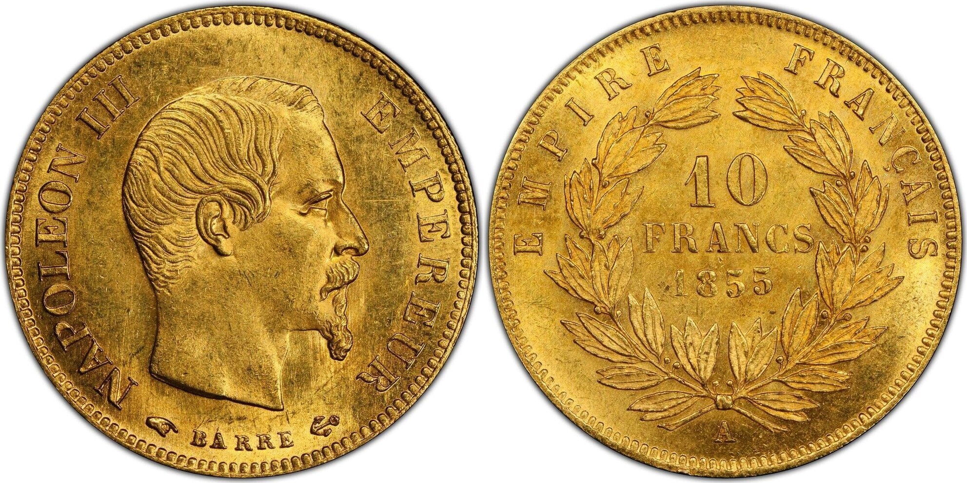 France 10 Francs 1855 Napoléon III or Paris Grand module PCGS MS64