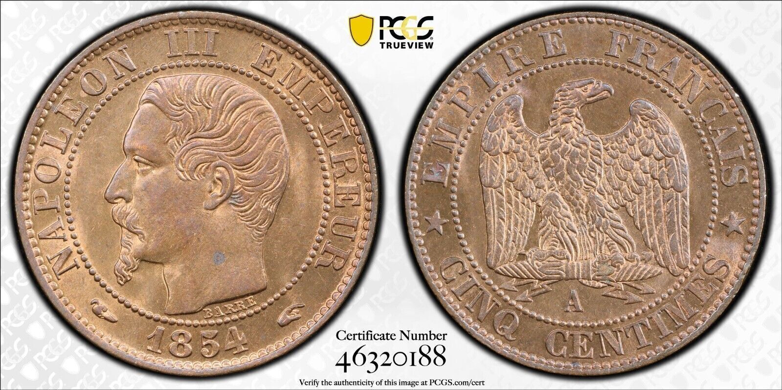 France 1854 Napoléon III Cinq Centimes Paris PCGS MS64RB Splendide à