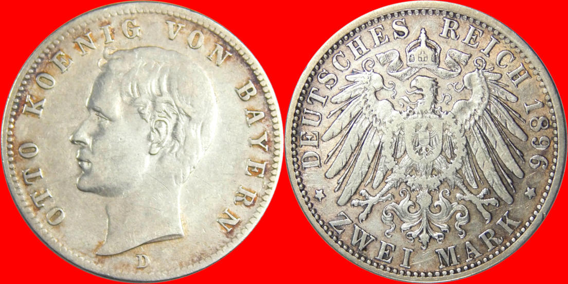 Kaiserreich Bayern 2 Mark 1896 D Otto F VF reizvolle zarte Goldtönung