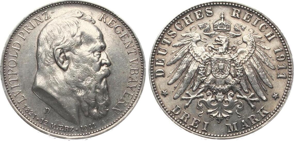 Bayern 3 Mark 1911 Luitpold Prinzregent EF MA Shops