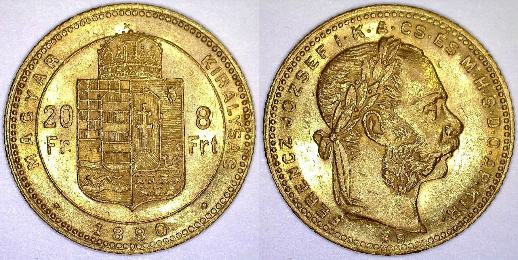 Österreich Ungarn 8 forint 20 Francs 1880 Franz Joseph I AUNC MA Shops