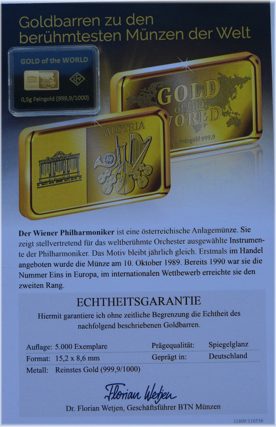 Sterreich Gold Of The World Wiener Philharmoniker G Goldbarren