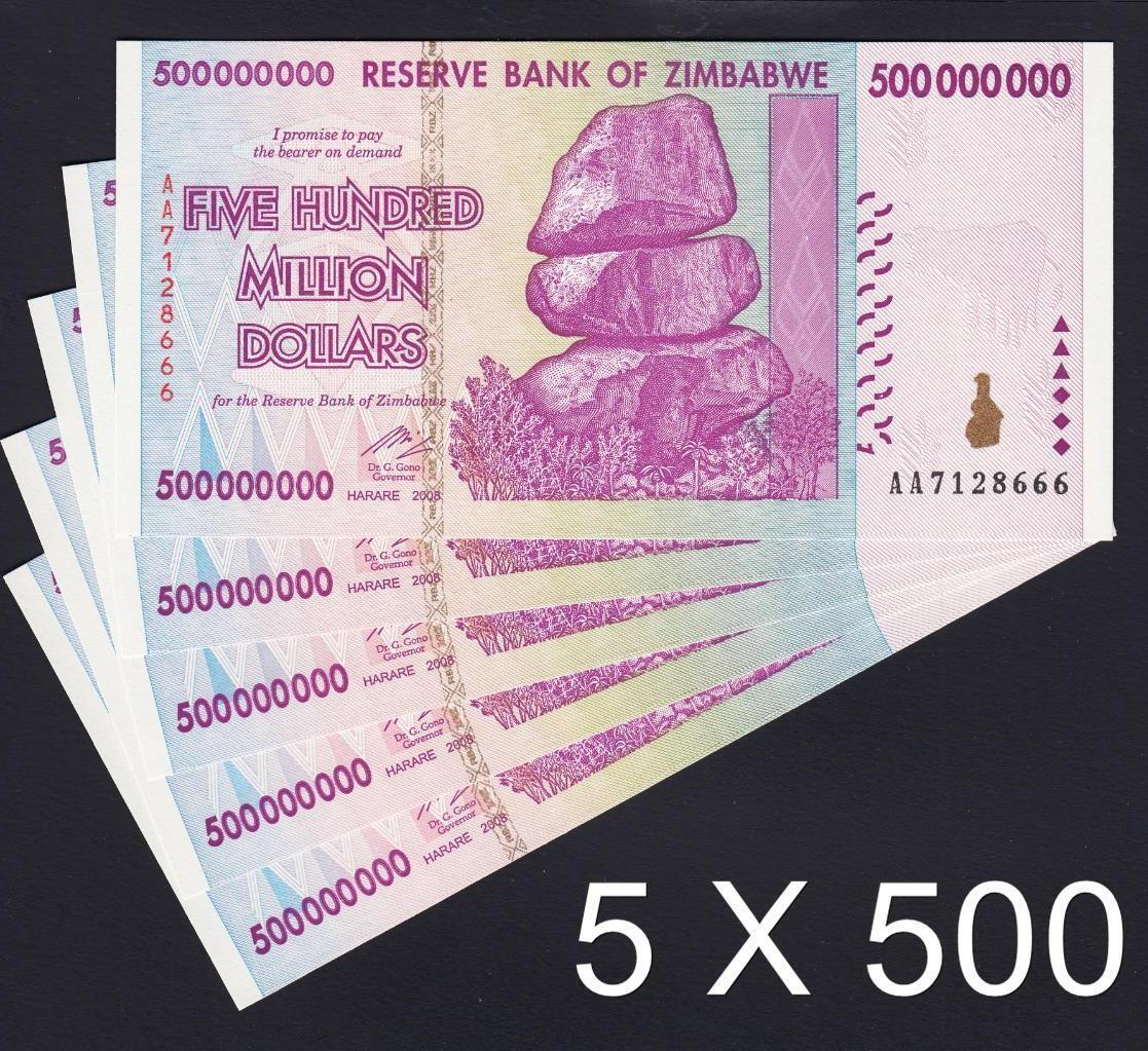 2008 Zimbabwe 5 X 500 Million Dollars SERIES AA Pick 82 UNC Ship From