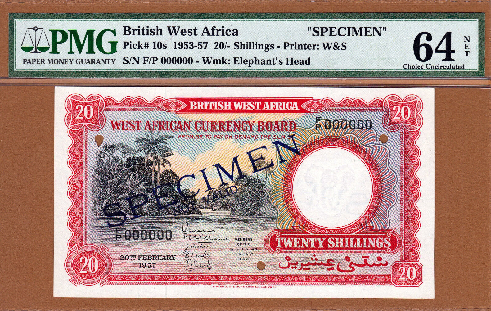 20 Shillings 1957 British West Africa SPECIMEN Pick 10s Ch UNC PMG 64