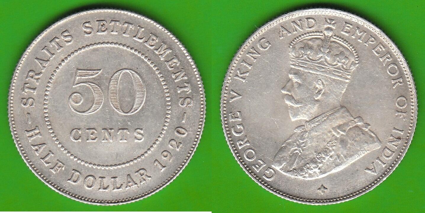 Straits Settlements 50 Cents 1920 George V 1910 1936 sehr hübsch UNC