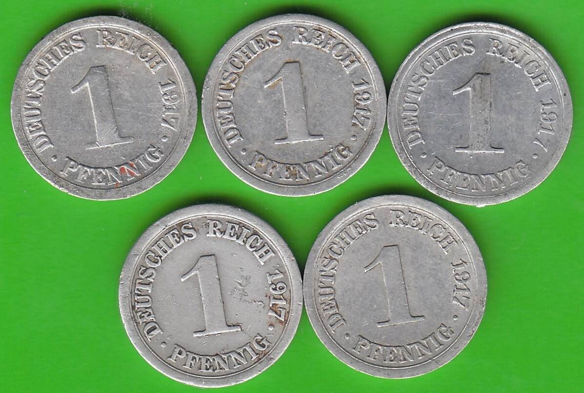 Kaiserreich 1 Pfennig 1917 5 Münzen VF und etwas besser MA Shops