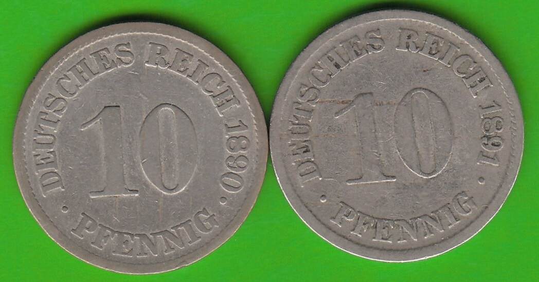 Kaiserreich 10 Pfennig 1890 J 1891 D 2 Münzen 1890 J seltener F VF